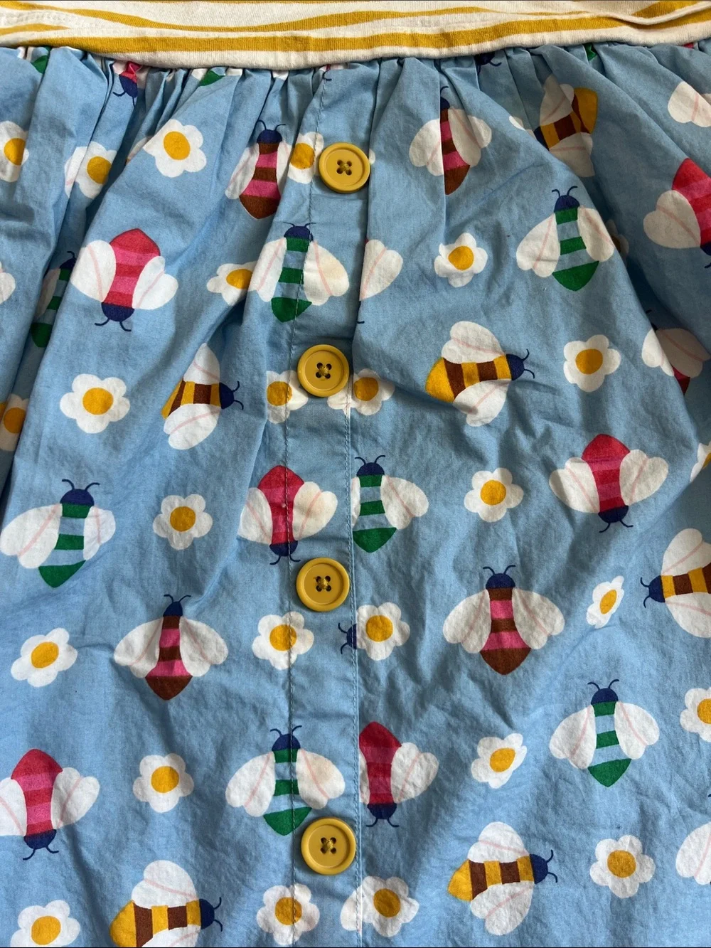 Mini Boden Yellow-Striped Top with Blue Floral & Bee Skirt Dress